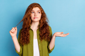 Portrait of attractive puzzled long-haired girl overthinking biting lip copy space clue isolated...