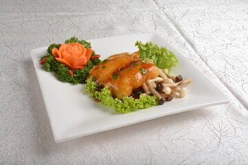 crispy deep fried cod fish fillet seafood with mushroom in sweet teriyaki sauce in white background premium asian halal menu