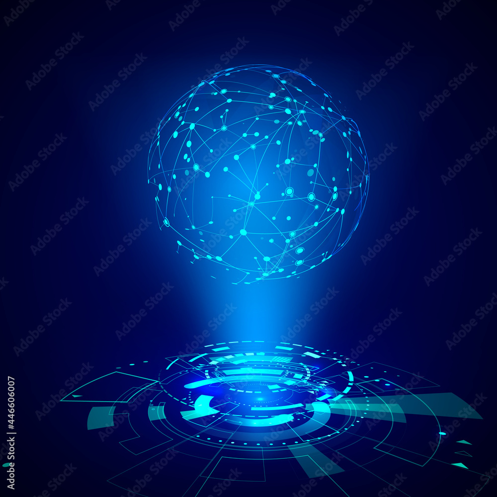 Poster Abstract futuristic object HUD elemet. 3D hologram display consist of sphere of global net. Science and technology illustration