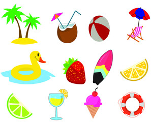 Collection of summer stuff isolated on white background. Flat summer holidays icons set. Vector cartoon design illustration, trendy style.