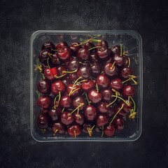 Cherries fruit in plastic retail tray from above - 446606641
