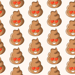 Seamless pattern with kawaii poop on white background. Cartoon poo, feces icons. Shit patterns, evil turd. Vector illustration for invitation, poster, card, fabric, textile. Doodle style