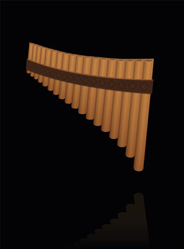Panpipes, pan flute on black background. Ancient, rural woodwind musical instrument with pipes of different lengths. Isolated vector illustration.
