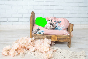 Newborn baby photography digital background with peach floral and wood bed