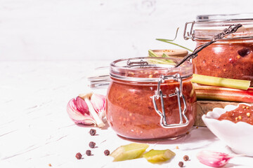 Chutney from rhubarb. Set of ingredients and spices for cooking