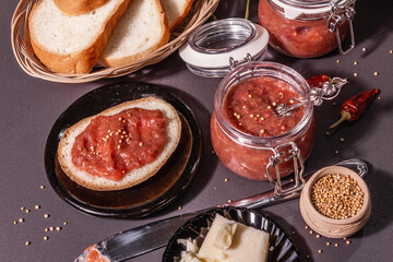 Chutney from rhubarb. Set of ingredients for a healthy breakfast