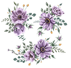 Digital elegant flower bouquets set. Purple anemones, tiny yellow and purple blossoms, elegant twigs, green and blue eucalyptus and other leaves. Elegant hand painting for wedding invitations