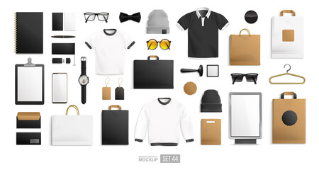 Male fashion clothing objects and stationery elements  mockup set for Brand Identity men's store or boutique. Realistic  apparel mockup set for Brand Identity Men's shop Clothes. Isolated vector