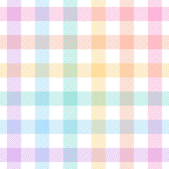 Title: Gingham check plaid pattern for Easter design. Seamless pastel multicolored vichy tartan graphic vector in purple, blue, pink, orange, yellow, green, white for tablecloth, picnic blanket, other