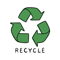 Recycle symbol and text hand drawn doodle vector illustration isolated on white background.