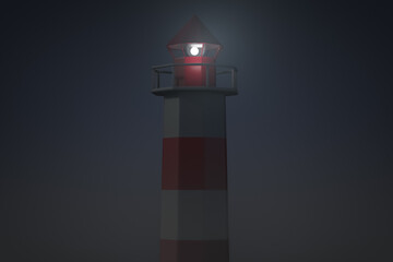 Tower of nautical lighthouse on foggy night