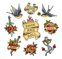 Old school traditional tattoo stickers collection on white background. Traditional tattoo symbols and rockabilly elements set of swallow bird, anchor, heart, rose
 - obrazy, fototapety, plakaty