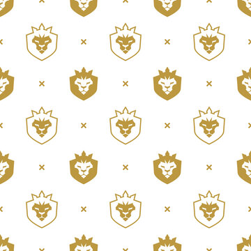 Seamless pattern lion head icon with crown symbol geometric design icon on black background. King logo element with lion head endless backdrop. Seamless vector pattern