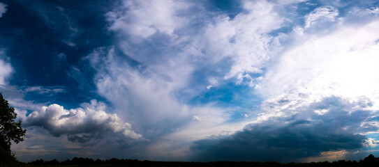 Obraz premium Beautiful summer landscape. Countryside with road on the field, green grass, trees and dramatic blue sky with fluffy clouds.