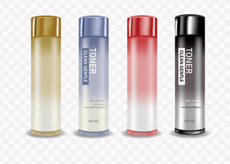 Set cosmetic bottle with color cap isolated on white background. Ideal for facial cleansing packaging and lotion and Toner and skincare or other.