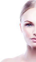 Fototapeta premium Beauty face of woman with healthy skin, no make-up effect. Isolated on white background