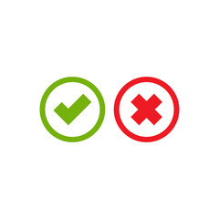 Set of check mark icons. green rounded tick in circle and red cross in circle.