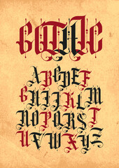 Vector gothic font. Set of capital letters of the English alphabet in vintage style on an old paper background. Medieval Latin letters. Suitable for monogram, logo, label, poster, lettering, tattoo