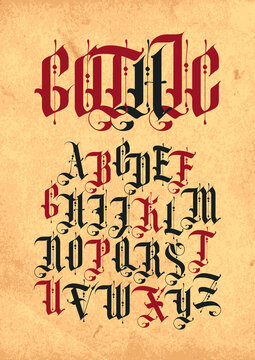 Vector gothic font. Set of capital letters of the English alphabet in vintage style on an old paper background. Medieval Latin letters. Suitable for monogram, logo, label, poster, lettering, tattoo