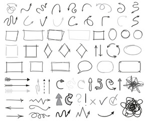 Hand drawn circles, arrows and rectangle frames. Big set of infographic elements on isolation white background. Simple signs for design. Line art