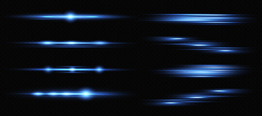 Blue horizontal lens flares pack. Laser beams, horizontal light rays. Beautiful light flares. Glowing streaks on dark background.