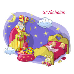 Saint Nicholas with a gift and a staff on a cloud near the bed with sleeping children and a bag with gifts, stars, the moon and the inscription 