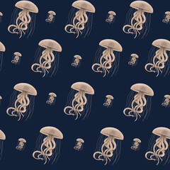 Seamless pattern with beige jellyfishes. Sea collection can be used for wallpaper, website background, textile print. Hand draw illustration.  Dark blue background. Isolated elements for ease of use.