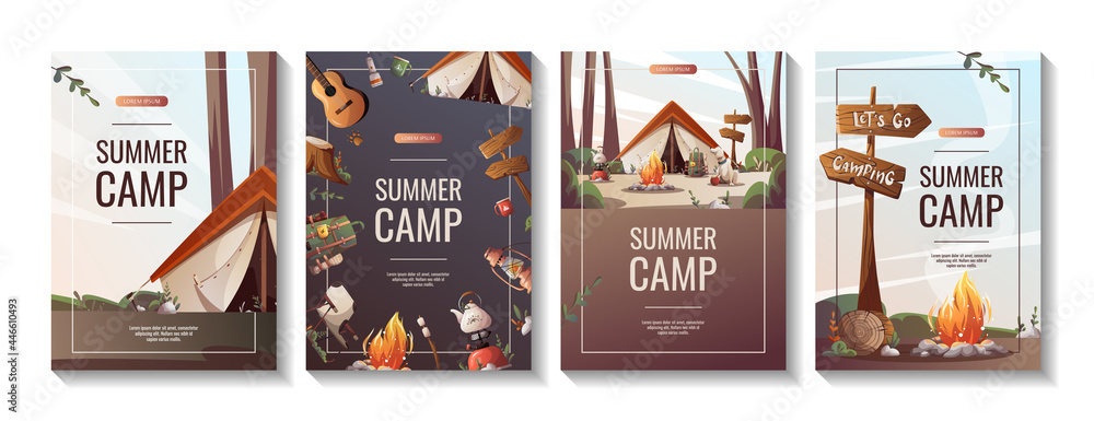 Wall mural set of promo flyers for summer camping, traveling, trip, hiking, camper, nature, journey, picnic. a4