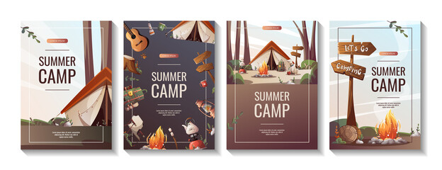 Set of promo flyers for summer camping, traveling, trip, hiking, camper, nature, journey, picnic. A4 vector illustration for poster, banner, flyer, cover, special offer, advertising. - obrazy, fototapety, plakaty