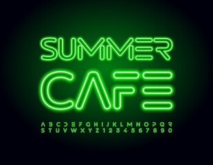 Vector electric logo Summer Cafe. Techno style Font. Abstract green neon Alphabet Letters and Numbers