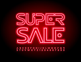 Vector promo banner Super Sale. Red creative Font. Neon futuristic Alphabet Letters and Numbers set