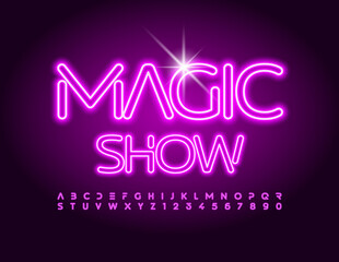 Vector creative flyer Magic Show. Abstract Neon Font. Violet electric Alphabet Letters and Numbers set