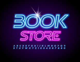 Obraz premium Vector business logo Book Store. Neon light Alphabet Letters and Numbers set. Illuminated Led Font