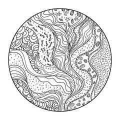 Mandala. Zen art. Zentangle. Circle pattern with lines and waves. Universal geometric texture. Dinamic nautical background. Lineal wallpaper. Coloring book. Design for spiritual relaxation for adults