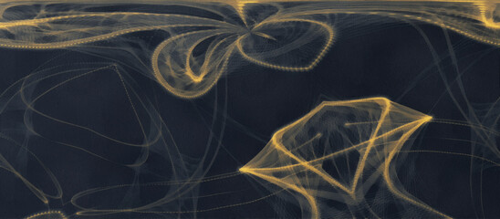Golden connected lines on a dark background. Wide panoramic view. Artistic work on a futuristic theme