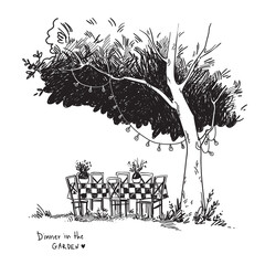 vector black and white line drawing of a cosy dinner table set up in a garden under the tree - 446611056