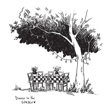 vector black and white line drawing of a cosy dinner table set up in a garden under the tree