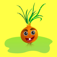 Onion bulb with sprouted green feathers. Face smile eyes