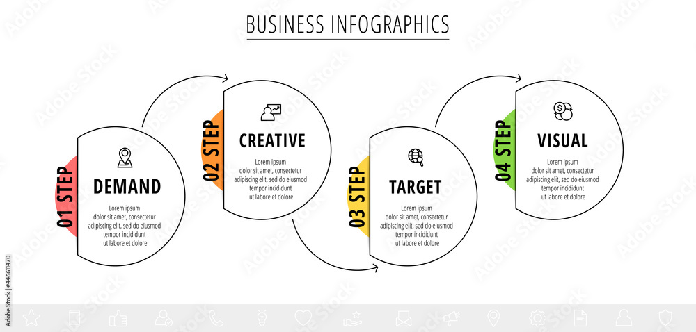 Poster vector line infographics template for four arrows and circles. business concept with 4 elements and 