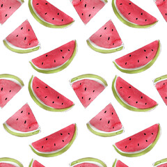 Watercolor illustration seamless pattern, ripe watermelon slice print
