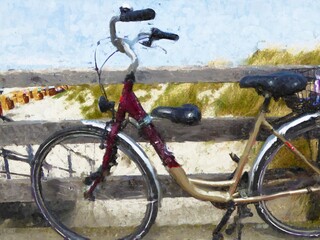 Painted Baltic Sea beach on the island of Ruegen. Bicycle and beach chairs