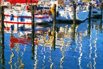Fototapeta na wymiar Painted Boat harbor on the island of Ruegen. Colorful reflection in the water.