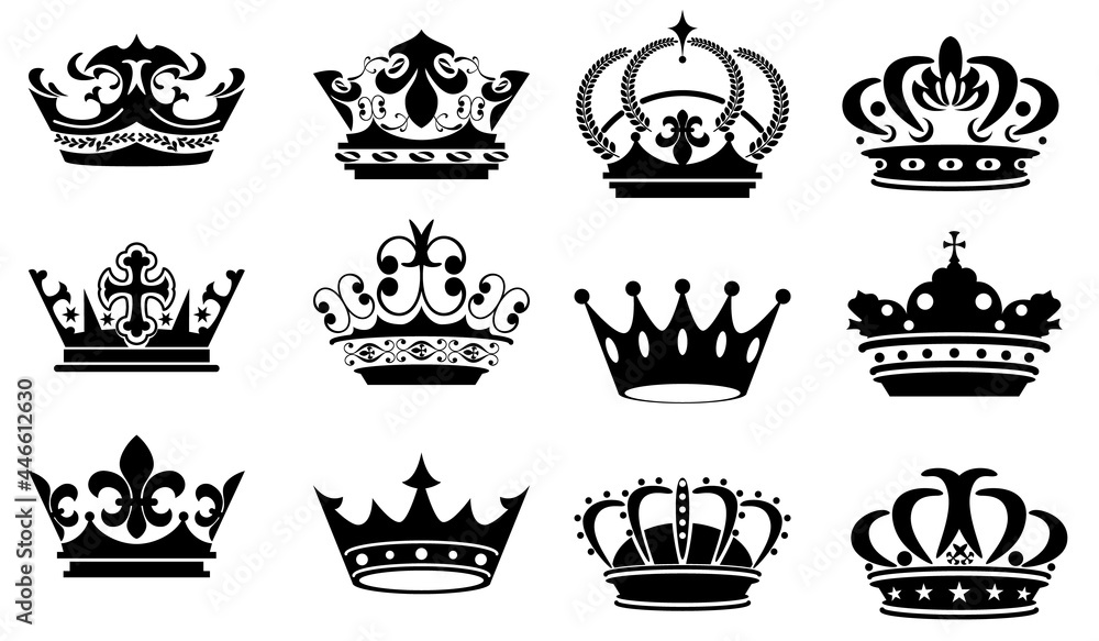 Wall mural Big collection quolity crowns. Crown icon set. Collection of crown silhouette. Gold crown. Royal Crown icons collection set. Vintage crown.