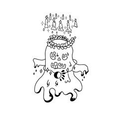 Hand drawn ghost icon with candles. Vector illustration. Isolated doodle outline design for halloween logo, banner, poster.