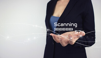Futuristic and technological scanning concept. Hand hold digital hologram on grey background. Recognition and scanning to ensure personal safety, immersive technology future and cybernetic, business