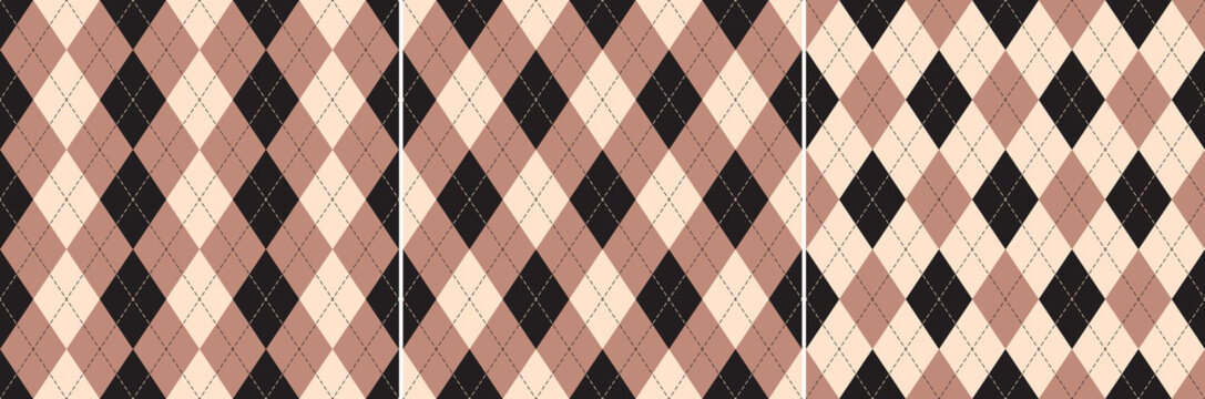 Argyle pattern seamless set in black, beige, pink. Stitched classic geometric spring autumn vector neutral background for gift paper, sweater, jumper, socks, other modern fashion fabric design.