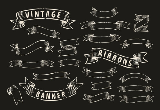Set of vintage ribbon banners. Hand drawn design element in engraving style