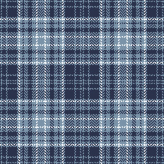 Plaid vector pattern in blue and white. Herringbone textured seamless tartan check graphic for flannel shirt, skirt, scarf, poncho, other modern spring summer autumn winter fashion textile print.