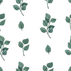 Seamless pattern with round eucalyptus clipart for wedding invitations, greeting card, poster, greenery decoration. Simple, modern, watercolor wallpaper on white background.