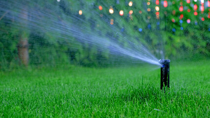 Automatic garden irrigation system watering lawn. Savings of water from sprinkler irrigation system with adjustable head. Automation for lawn irrigation, gardening, soccer fields or golf courses.Bokeh - obrazy, fototapety, plakaty